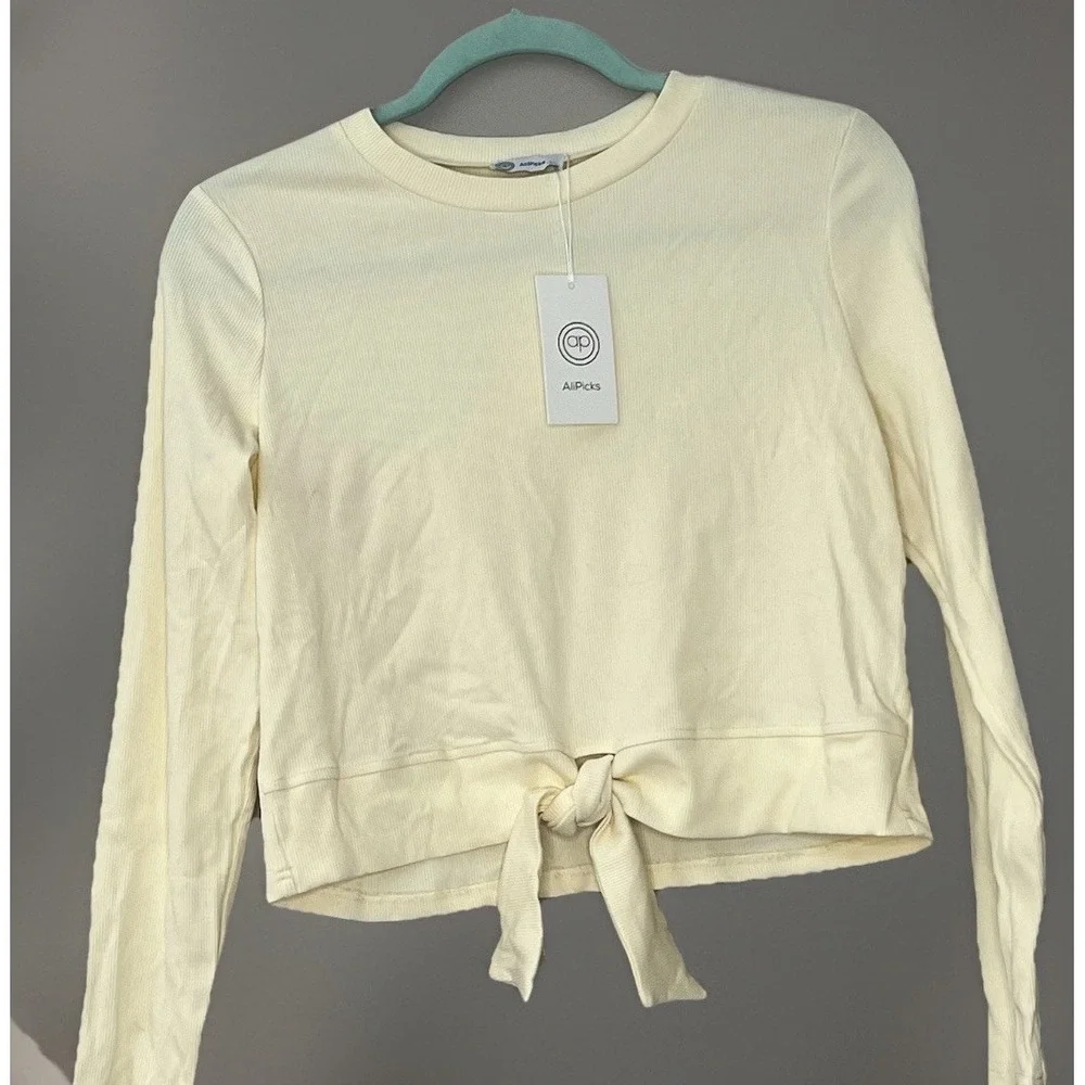 AliPicks Girls  Ivory Ribbed Knit Cotton Tie Front Long Sleeve T-Shirt Size‎ L